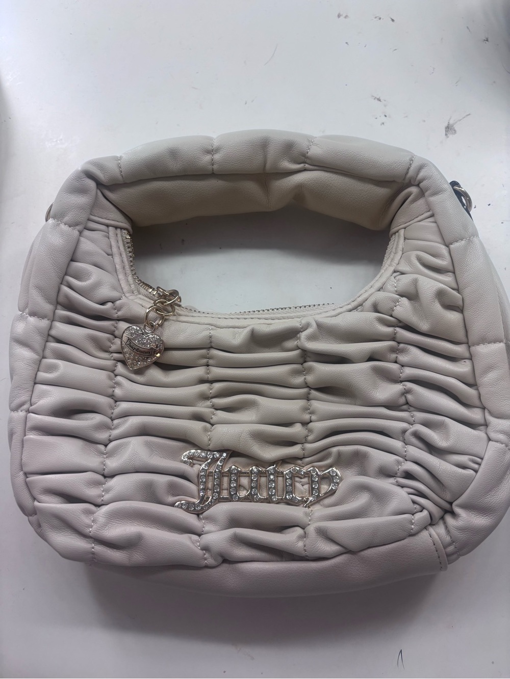 Juicy Couture Cream Ruched Shoulder Bag with Crystal Logo and Heart Charm